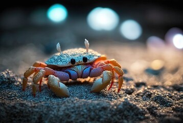 Fototapeta na wymiar cute crab on sand with bokeh light, Generative Ai 