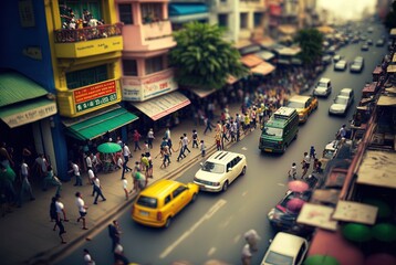 blurred miniature style bird eye view picture of cityscape, inspired from Vietnam street view,  idea for travel or tourism background wallpaper, Generative Ai