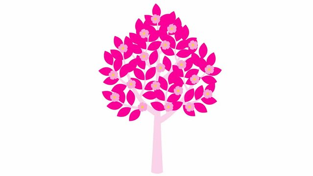 The tree gradually grows, magenta leaves appear on the branches. Pink flowers are blooming. The black symbol. Concept of spring. Flat vector illustration isolated on white background.