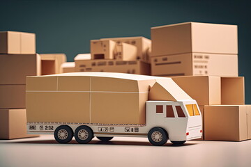 Paper boxs in warehouse with delivery car, Shipping product, logistics, Made by AI,Artificial intelligence