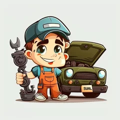 Fotobehang mechanic repairing car, cartoon character, holding a repair tool, car service, vector illustration, Made by AI,Artificial intelligence © waranyu