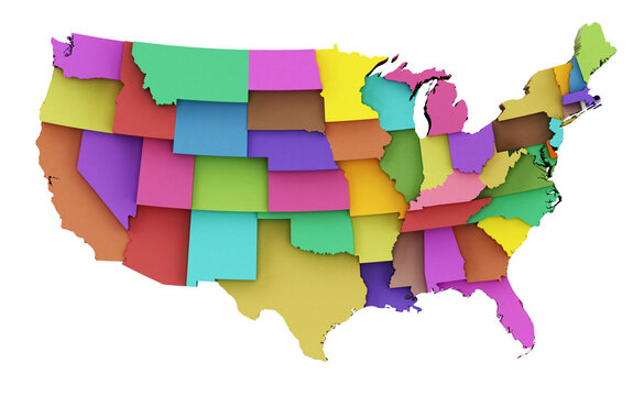 Multi colored USA map showing state borders on transparent background. 3D illustration