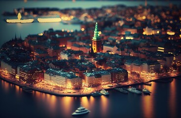 miniature style bird eye view picture of cityscape, inspired from Stockholm cityscape, Generative Ai not real place - obrazy, fototapety, plakaty