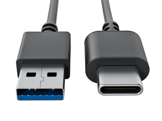 USB type C and USB 3.0 cables on transparent background. 3D illustration