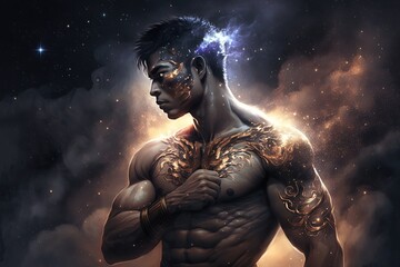 Fototapeta na wymiar close up ancient Muay Thai fighter warrior with light glow background, Generative Ai