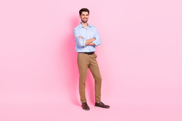 Full length size photo of business man wear stylish classy outfit folded arms enjoy his new apparel...