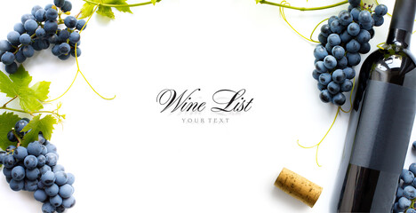 wine list or wine card design background; sweet black grapes and red wine bottle