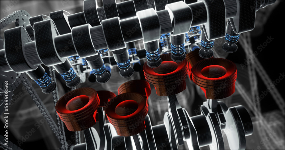 Leinwandbilder power hungry working v8 engine animation. futuristic wireframe look. machines and industry related 3