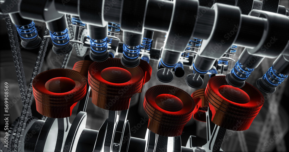Fototapete high tech v8 engine animation with rotating pistons. machines and industry related 3d illustration r