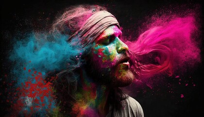 People and a lot of colors portrait of a man and colorful powder clouds of paints illustration black background generative ai