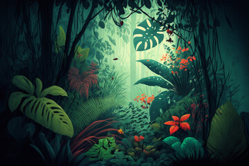 Fototapeta na wymiar Dark rainforest, sun rays through the trees, rich jungle greenery. Atmospheric fantasy forest. Generative ai.