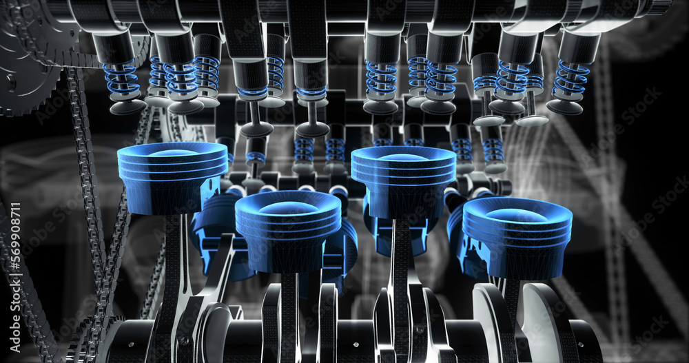 Poster v8 engine pistons moving up and down. crankshaft in motion. machines and industry related 3d illustr