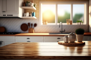 Wood table top on skandinavian blur kitchen counter room background.Generative ai.