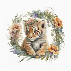 cartoon adorable baby tiger nursery image flower wreath