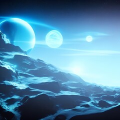 Futuristic fantasy landscape, sci-fi landscape with planet, neon light, 3d illustration - generative ai