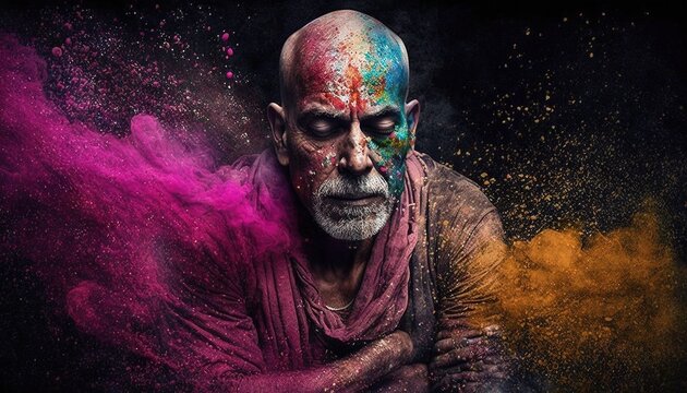 People and a lot of colors Mysterious portrait of enlightened yogin illustration generative ai