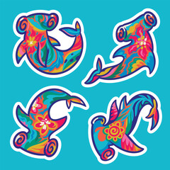 Obraz premium Sticker collection. Hammerhead sharks with decorative flowers ornaments inside