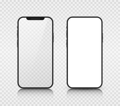 Two smartphone layouts with a white and transparent screen. Realistic 3D mobile phones with shadows and highlights on a transparent background. Vector illustration.