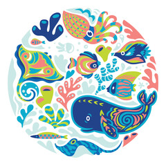 Cute underwater animals with folk ornaments in the white circle