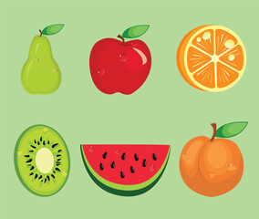 Vector Set Cute Vet Fruits, Cartoon Collection, Kiwi, Orange, Watermelon, Peach, Apple, Pineapple