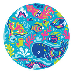 Fototapeta premium Cute underwater animals with folk ornaments in the blue circle.
