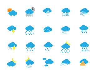 Simple weather web icon design set. Weather, cloud, sunny day, moon, snowflake, wind, sun day. Vector illustration.