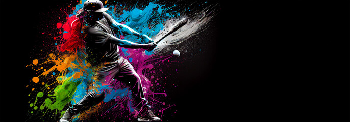 Baseball sport player colorful splash horizontal banner on black background illustration with copy space. Generative AI graphic