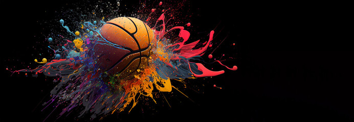Basket ball colorful splash on white illustration sport banner black background with copy space. Generative AI graphic