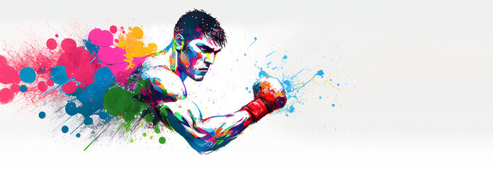 Fototapeta na wymiar Boxing sport man boxer colorful splash horizontal banner on white background illustration with copy space. Generative AI graphic
