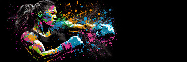 Boxing sport woman boxer colorful splash horizontal banner on black background illustration with copy space. Generative AI graphic