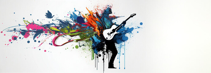 Obraz na płótnie Canvas Electric guitar player, rock music band, colorful splash illustration on white background, horizontal banner with copy space. Generative AI 