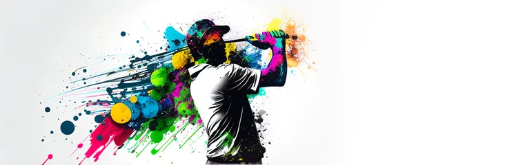 Poster Golf sport man player action colorful splash horizontal banner on white illustration with copy space. Generative AI graphic © fabioderby