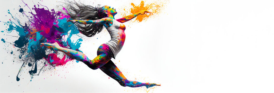 Artistic gymnastic athlete sport woman colorful splash horizontal banner on white illustration with copy space. Generative AI graphic