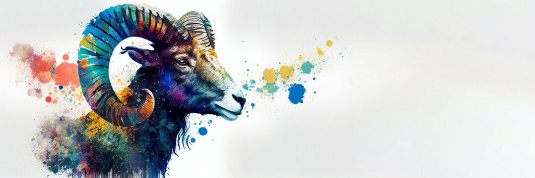 Aries zodiac graphic design watercolor splash art painting on white background with copy space. Generative AI	