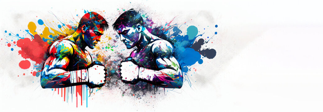 Boxing sport match, two men opponent boxer colorful splash horizontal banner on white background illustration with copy space. Generative AI graphic