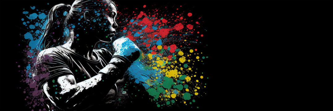 Boxing Sport Woman Boxer Colorful Splash Horizontal Banner On Black Background Illustration With Copy Space. Generative AI Graphic