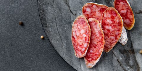 sausage Fuet fresh cured meat product meal food snack on the table copy space food background rustic top view