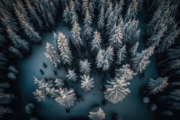 Drone aerial photo of Lapland National Park's endless coniferous forest trees with snowy pines in the background. Bird's eye view of a natural landmark in Riisitunturi during the winter. Generative AI