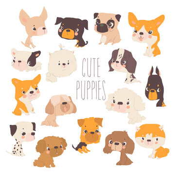 Cartoon Set with Funny Puppies on White Background