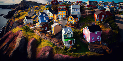 A Bird's Eye View of Colorful Homes on a Rocky Slope in St. John's, Newfoundland, Canada. Generative AI