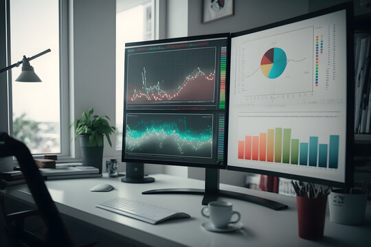 Computer workstation with stock graphs on monitor