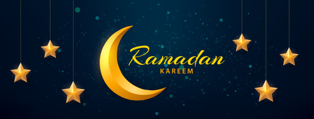 Obraz na płótnie Canvas Ramadan kareem. Islamic horizontal banner with golden crescent moon and star. Ramadan month celebration background design. Vector illustration.