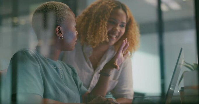Office laptop, planning and team communication on social network feedback, customer experience or ecommerce. Digital brand monitoring, teamwork collaboration and black women review online survey data