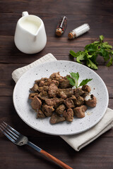 Fried or baked chicken liver with onion and sauce, green parsley leaves on a plate. Meat dish enriched with iron.