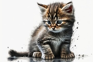 Obraz premium Black and white gray baby cat sitting in front of white back