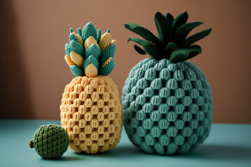 a knitted art illustration in the shape of a pineapple created using artificial intelligence suitable for photo accessories in cafes, restaurants, places to eat, design elements