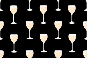 Seamless pattern with shot glass with absinthe on style black background. Groovy endless background with alcohol cocktail. Website banner for bar or restaurant. Menu cover.