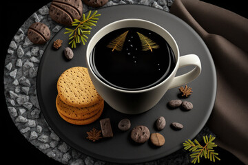 Obraz na płótnie Canvas Food art themed welcome 2021 holidays coffee cup placed on an aluminum plate with biscuits, coffee beans, and dried pine trees on a background of black stone with a napkin. Generative AI