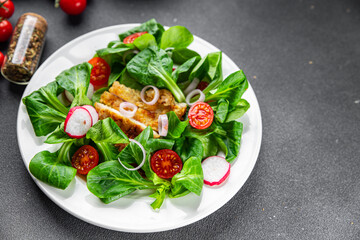 chicken salad meat, vegetable, tomato, radish, green leaves mix lettuce meal food snack on the table copy space food background rustic top view 