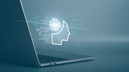 Fototapeta premium Artificial intelligence(AI) chatbot conversation assistant. Person using online customer contact service ai chatGPT automated application support and CRM software Futuristic technology.